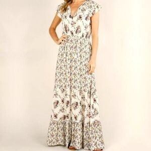 Love Stitch Tropical Floral Layered Maxi  Sun Dress Flared Short Sleeves.E2